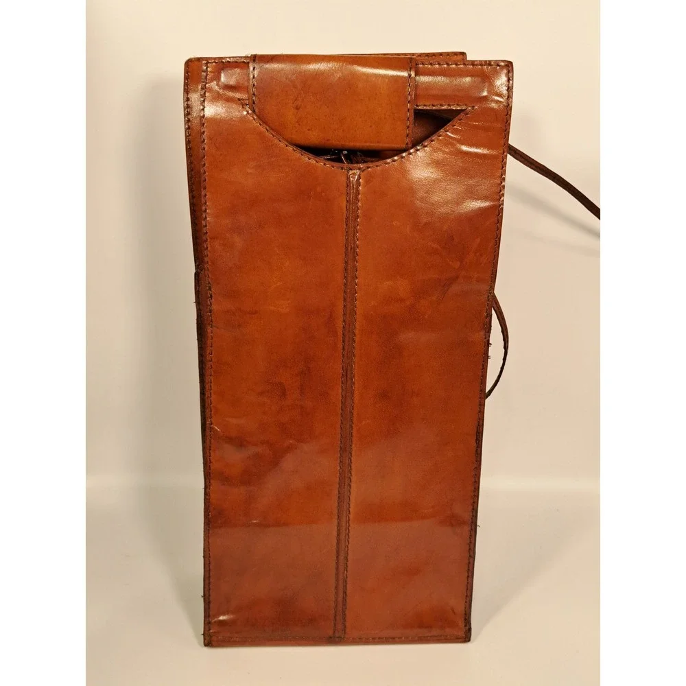 Vintage Cognac Brown Leather Wine Bottle Carrier Bag Snap Closure Picnic Tote